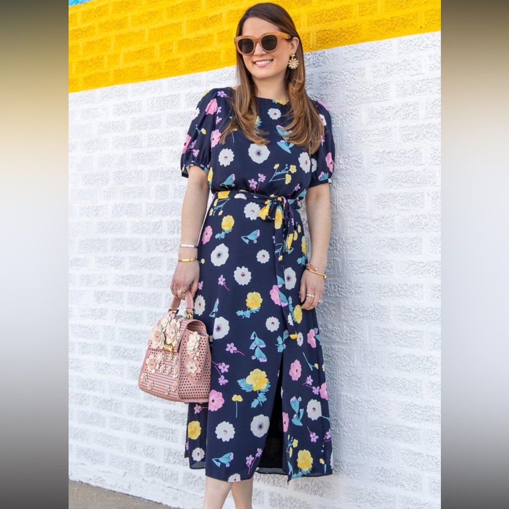 Floral Midi Dress with Belt - Navy Multi